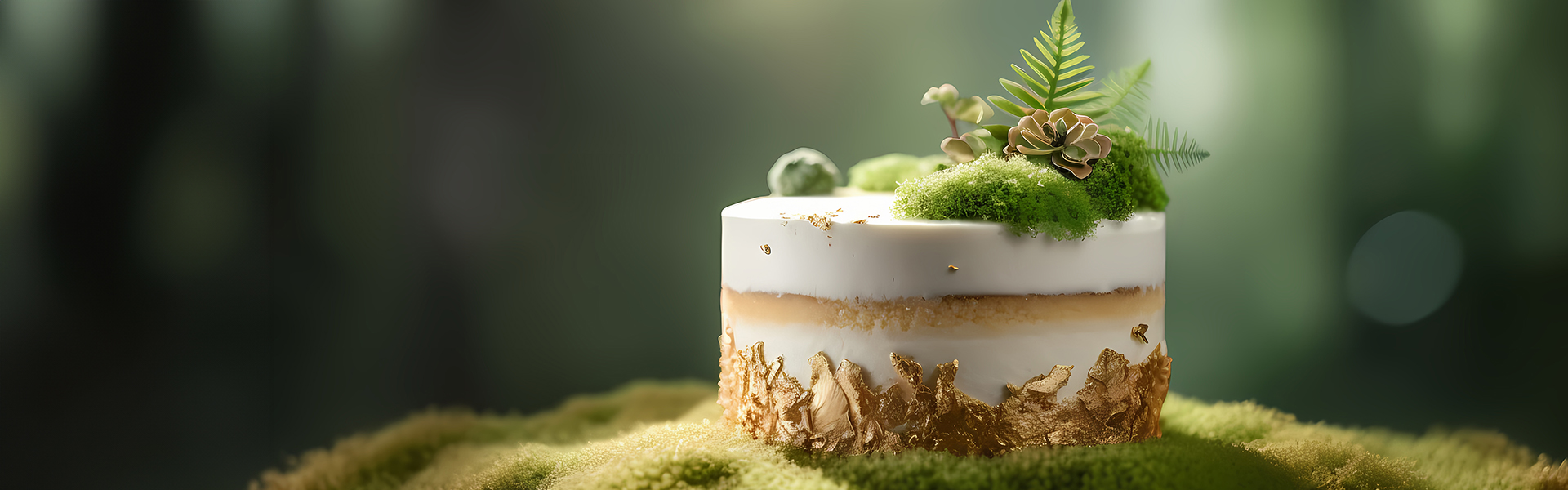 Torte auf Moosuntergrund, mit Grünpflanzen als Topping
